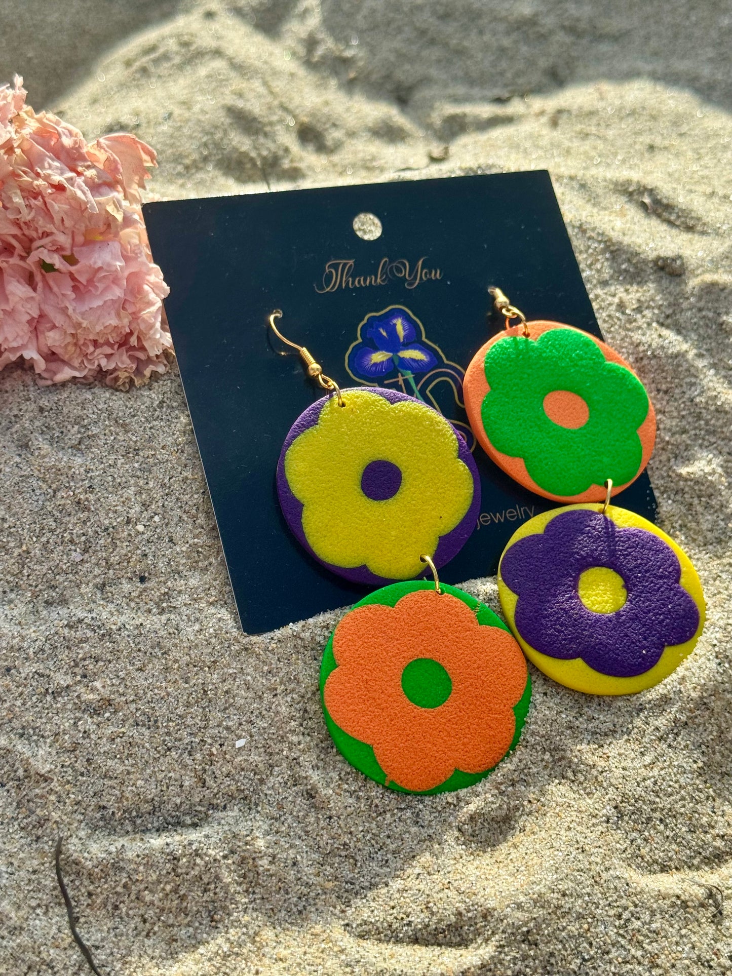 Retro Bloom Two-Tier Flower Earrings - Handmade Colorblock Statement Jewelry