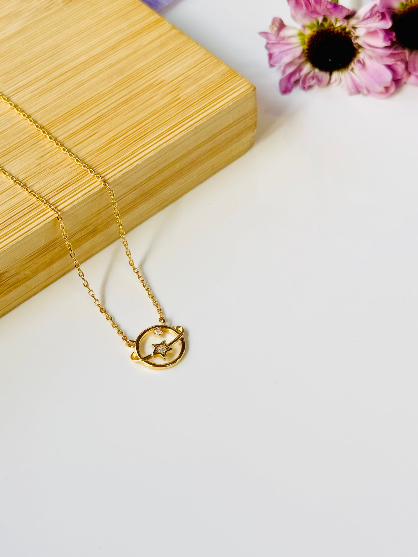 Boho Saturn Charm Necklace | Sterling Silver | 18K Gold Plated | Dainty Jewelry