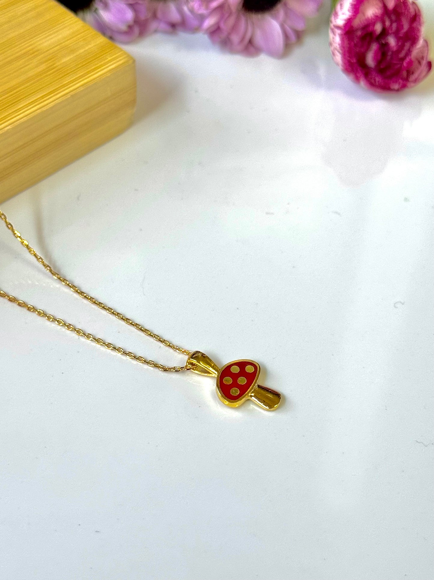 18K Gold Dipped Dainty Red&Gold Mushroom Charm Necklace