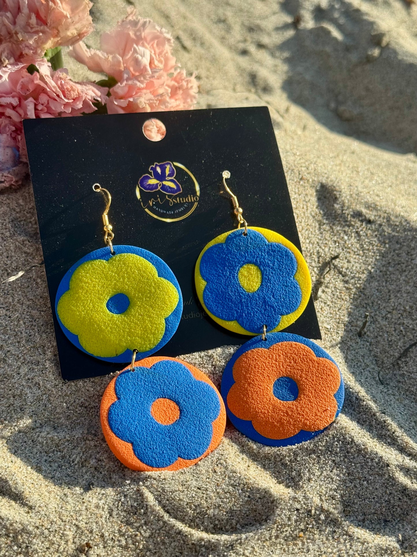 Retro Bloom Two-Tier Flower Earrings - Handmade Colorblock Statement Jewelry