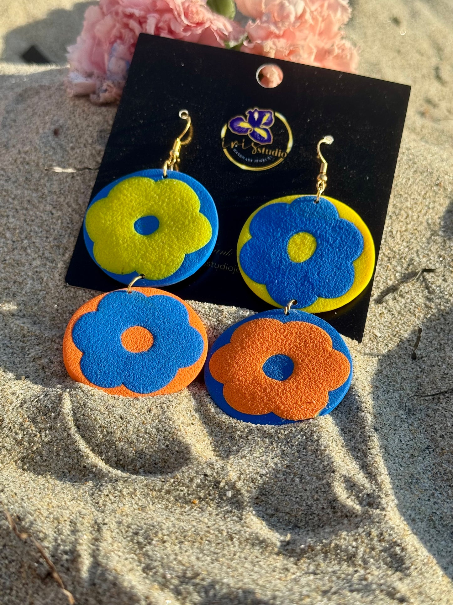 Retro Bloom Two-Tier Flower Earrings - Handmade Colorblock Statement Jewelry