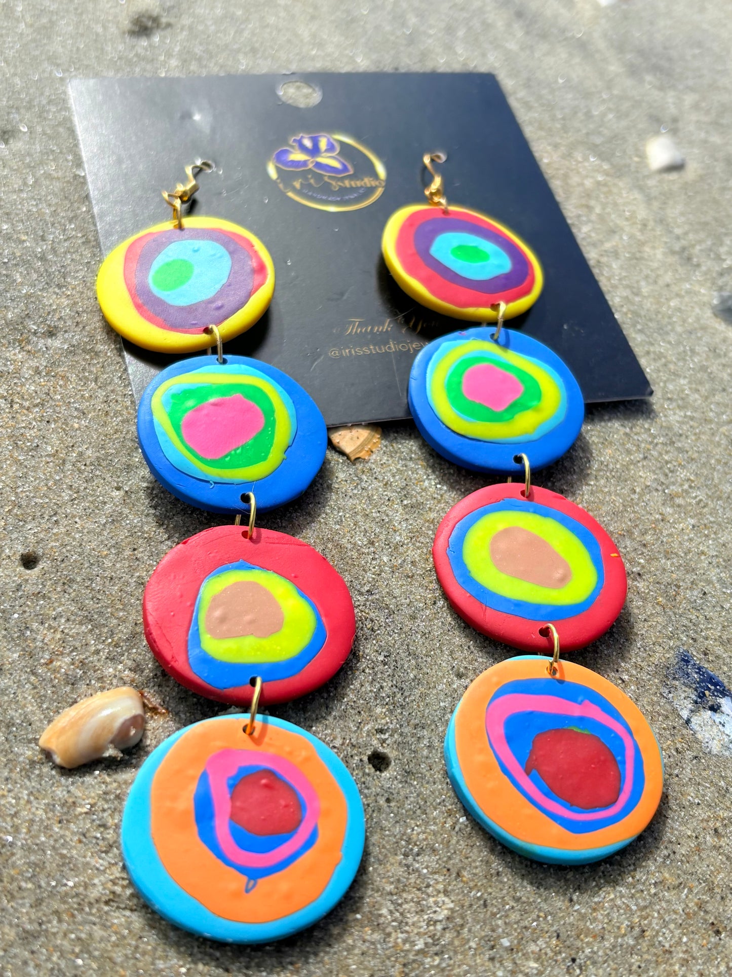 Rainbow Cascade Circle Earrings - Handmade Statement Dangles