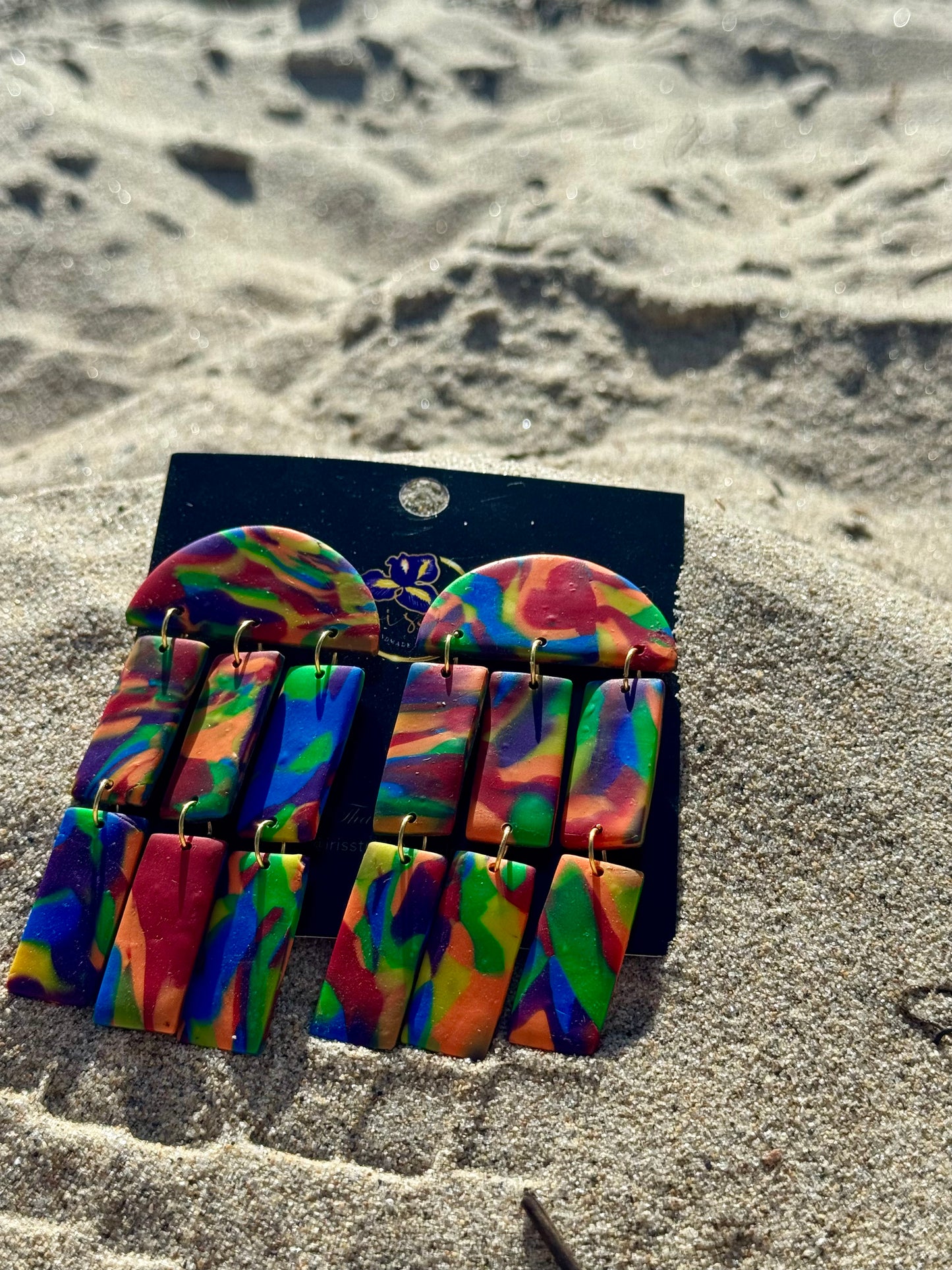 Rainbow Marble Tiered Chandelier Earrings - Handmade Statement Jewelry