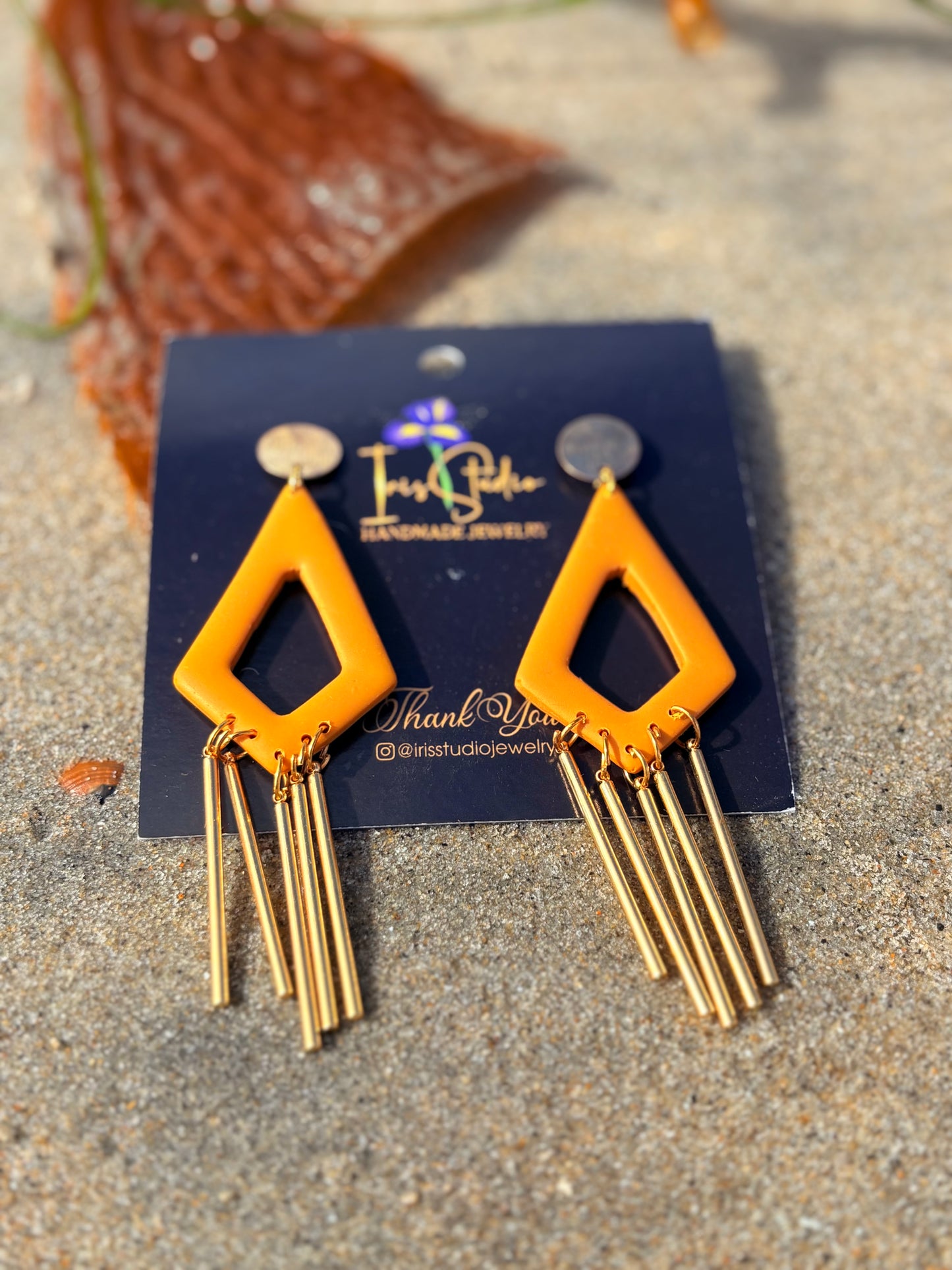 Handmade Orange Geometric Fringe Earrings