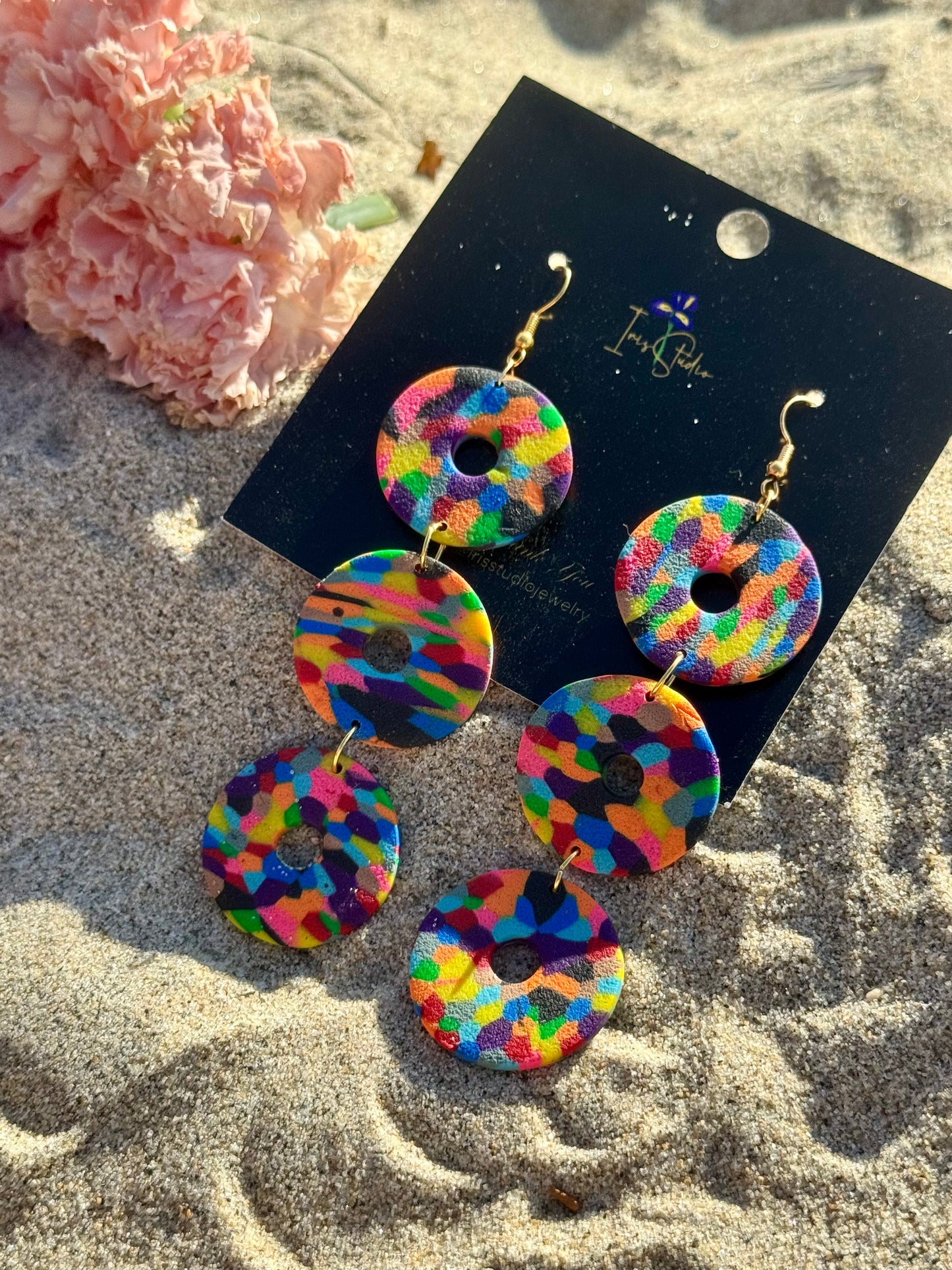 Rainbow Confetti Drop Earrings - Handmade Statement Jewelry