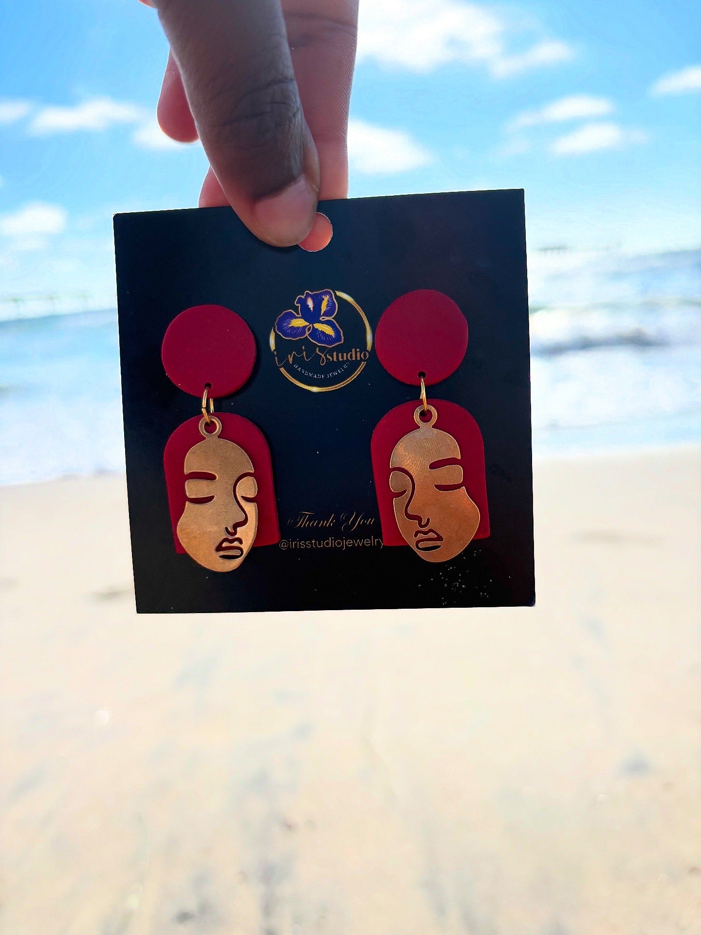 Handmade Red Face Earrings with Brass Details