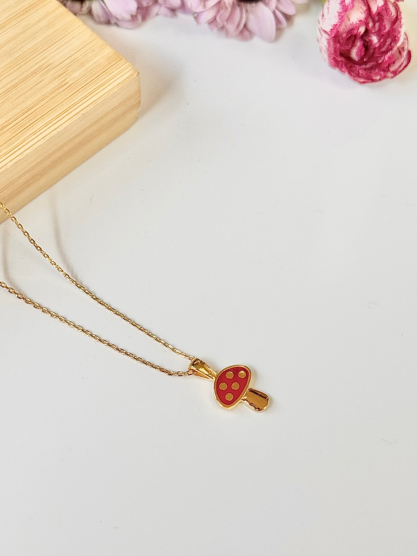 18K Gold Dipped Dainty Red&Gold Mushroom Charm Necklace