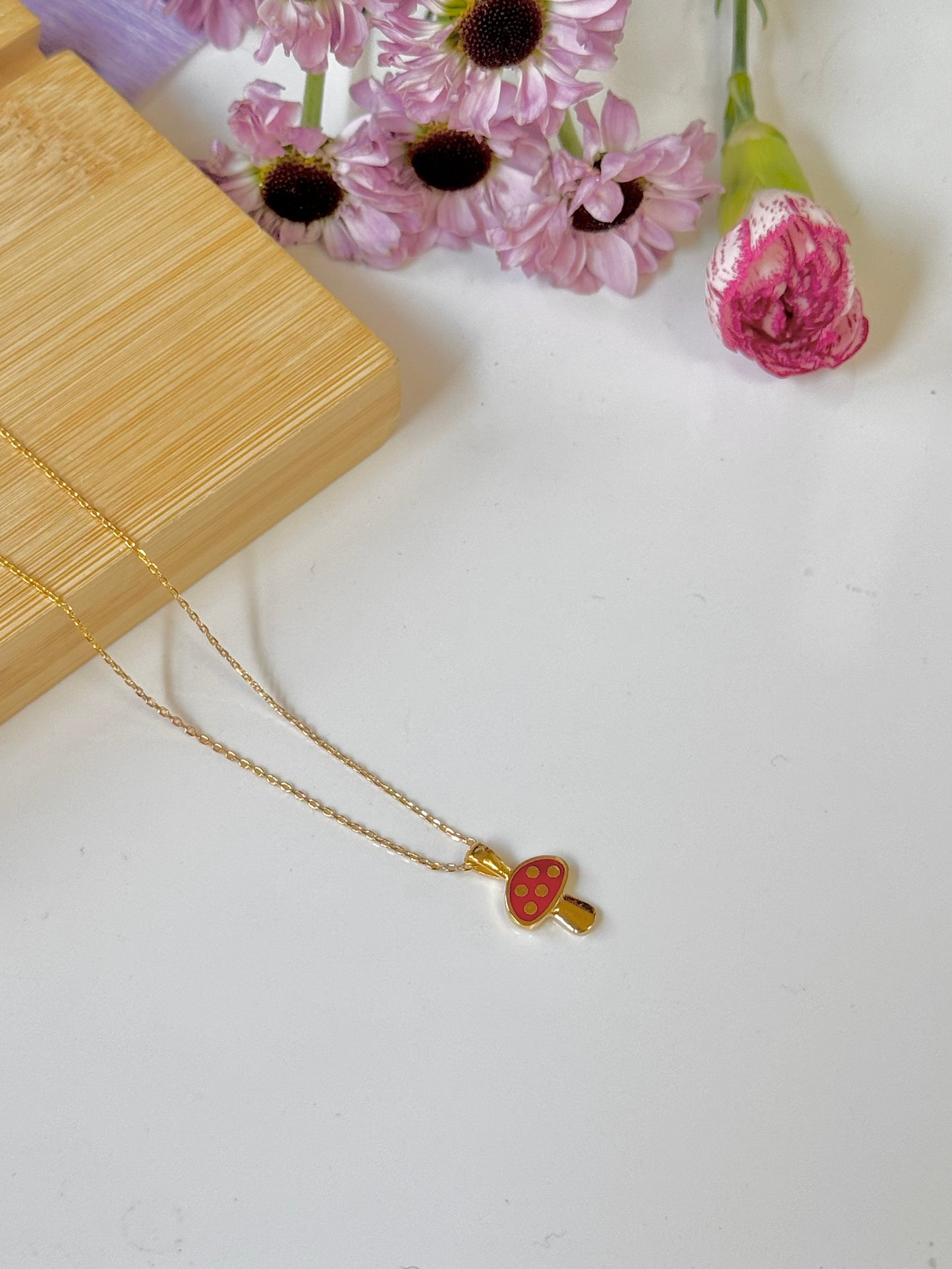 18K Gold Dipped Dainty Red&Gold Mushroom Charm Necklace