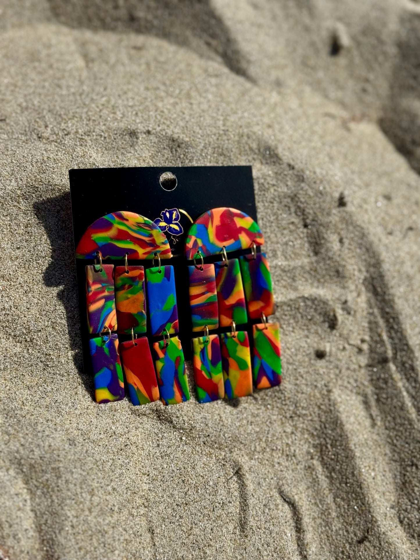 Rainbow Marble Tiered Chandelier Earrings - Handmade Statement Jewelry