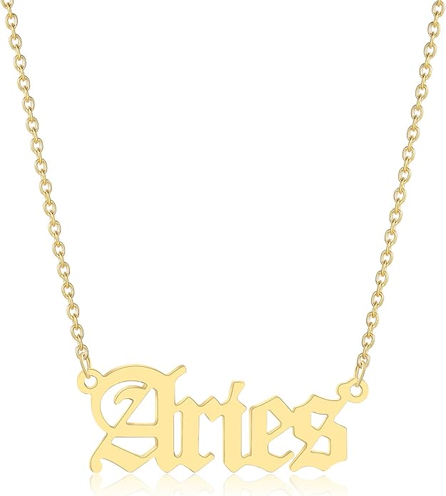 18K Gold Old English Font Zodiac Necklace | WATERPROOF | STAINLESS STEEL | Horoscope Birth Star Sign | Astrology Gift | Necklace for Women