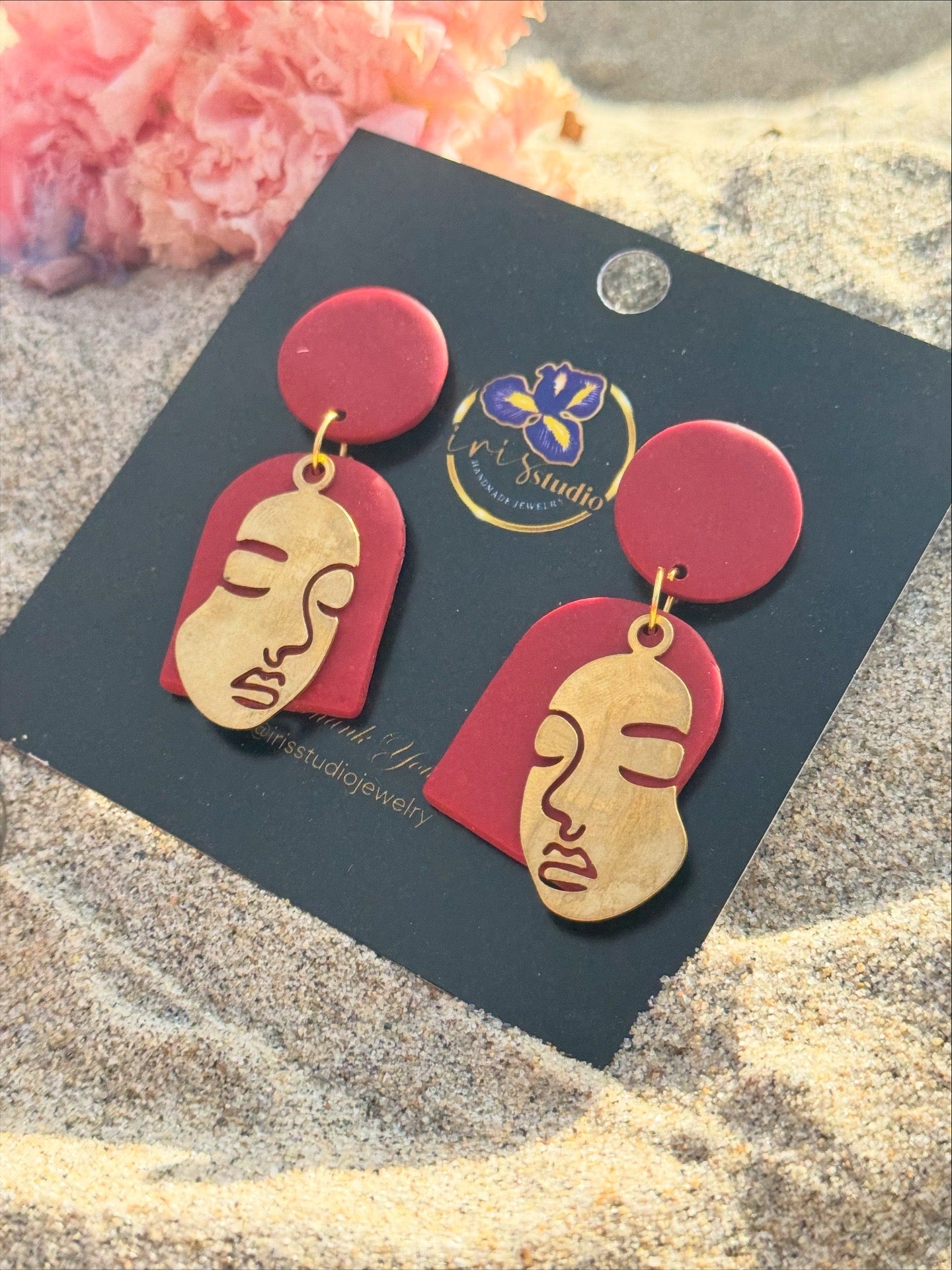 Handmade Red Face Earrings with Brass Details