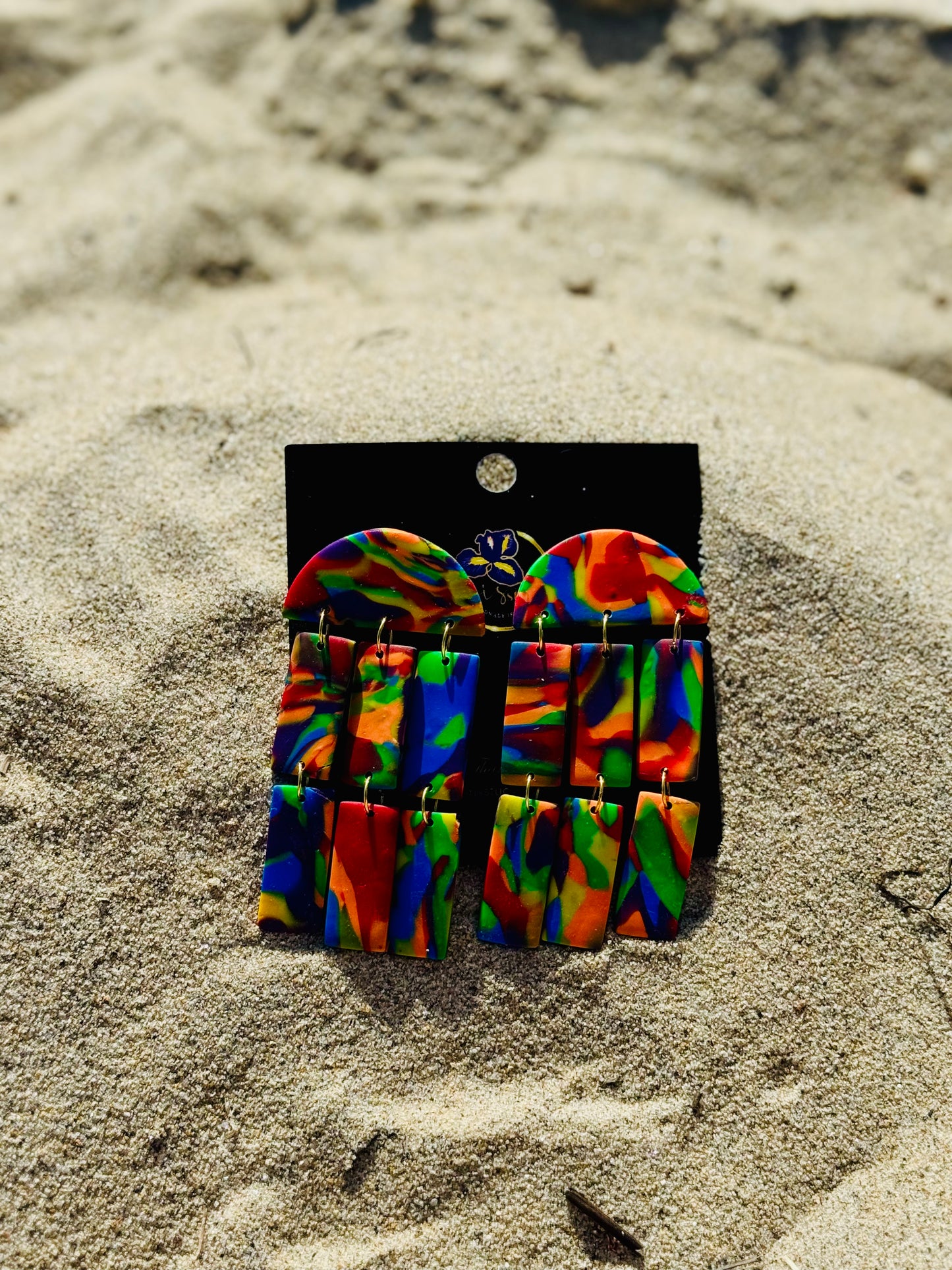 Rainbow Marble Tiered Chandelier Earrings - Handmade Statement Jewelry