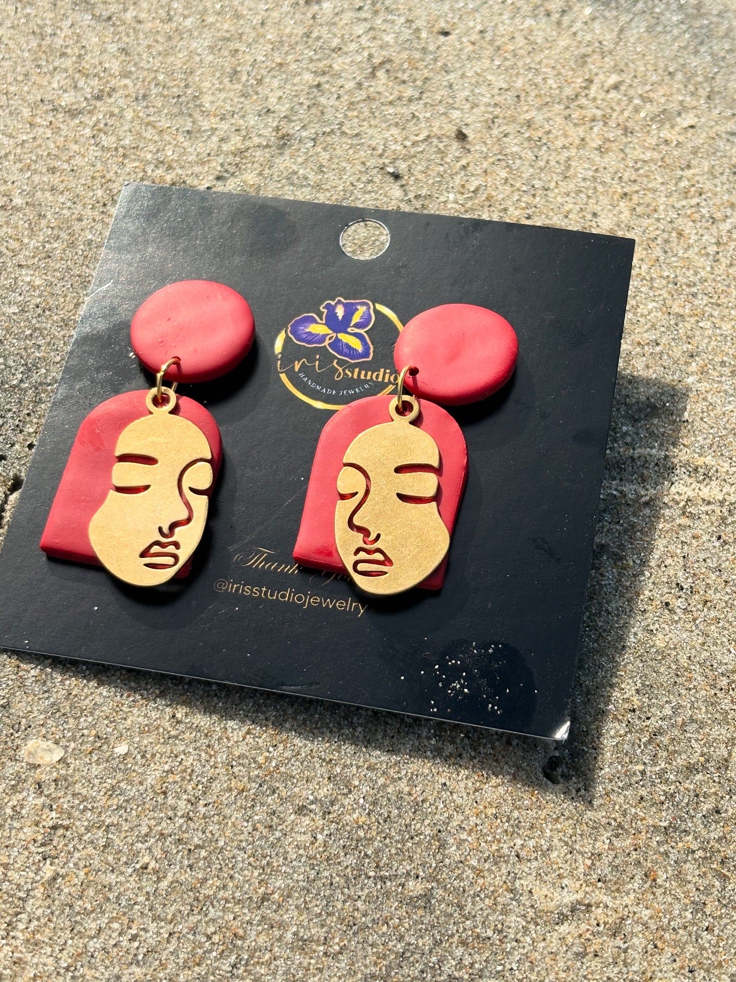 Handmade Red Face Earrings with Brass Details