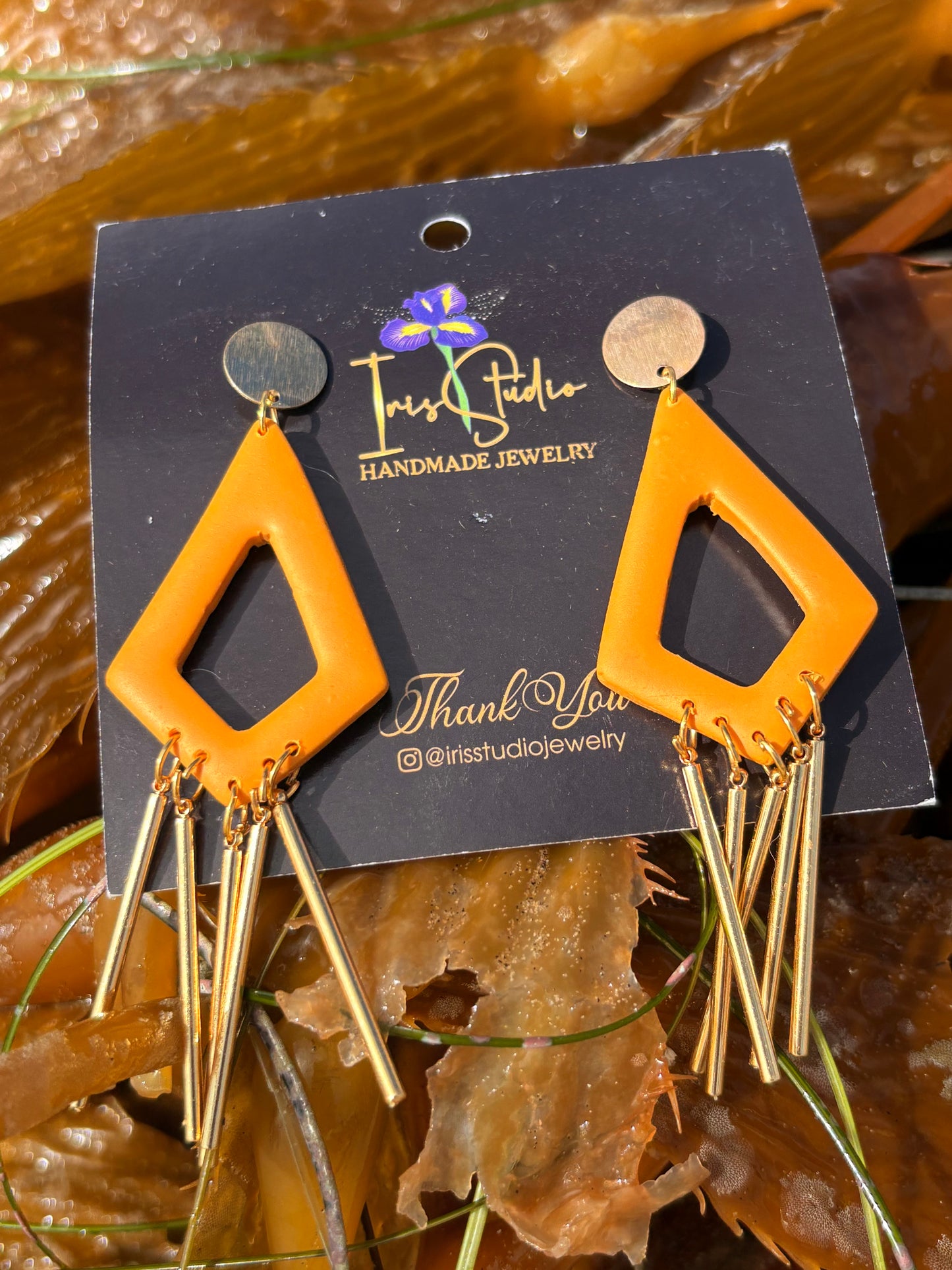 Handmade Orange Geometric Fringe Earrings