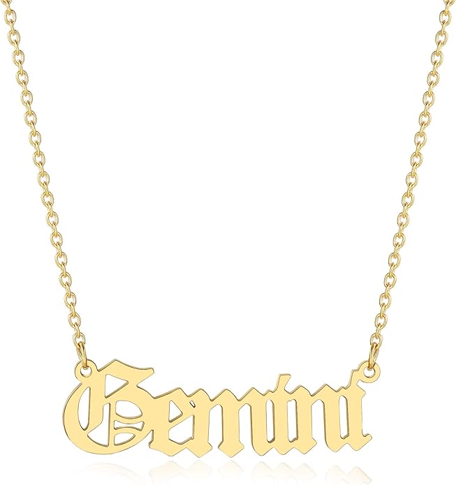 18K Gold Old English Font Zodiac Necklace | WATERPROOF | STAINLESS STEEL | Horoscope Birth Star Sign | Astrology Gift | Necklace for Women