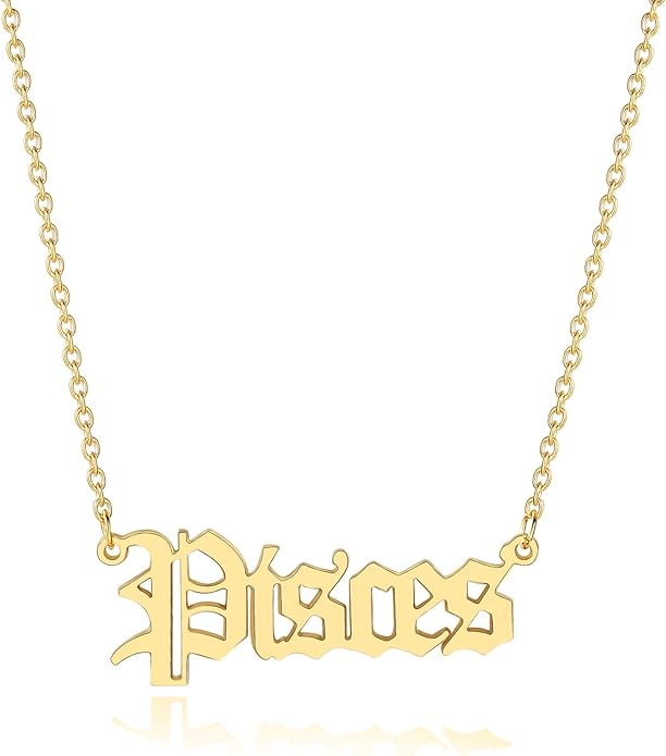 18K Gold Old English Font Zodiac Necklace | WATERPROOF | STAINLESS STEEL | Horoscope Birth Star Sign | Astrology Gift | Necklace for Women