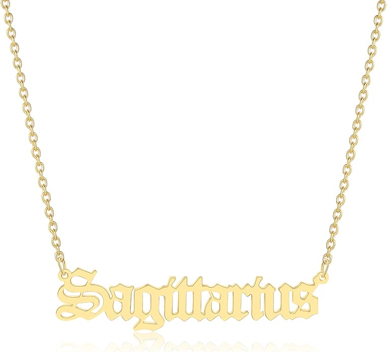 18K Gold Old English Font Zodiac Necklace | WATERPROOF | STAINLESS STEEL | Horoscope Birth Star Sign | Astrology Gift | Necklace for Women