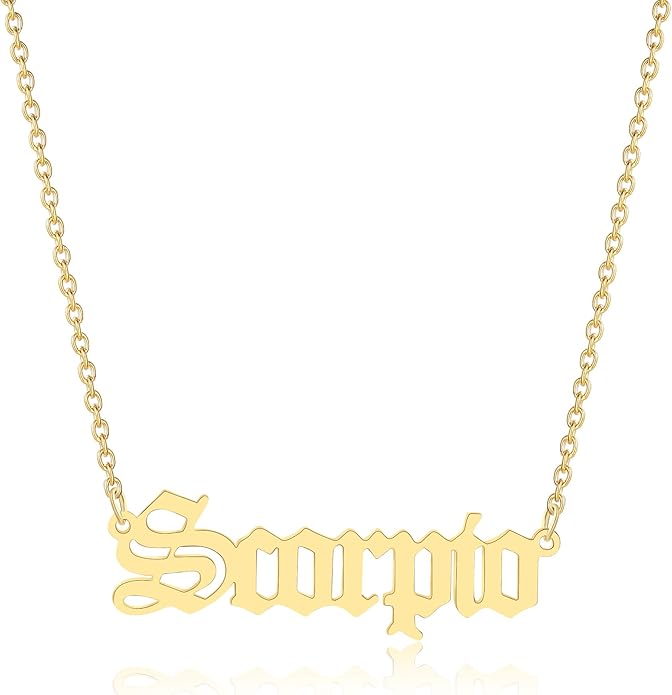 18K Gold Old English Font Zodiac Necklace | WATERPROOF | STAINLESS STEEL | Horoscope Birth Star Sign | Astrology Gift | Necklace for Women