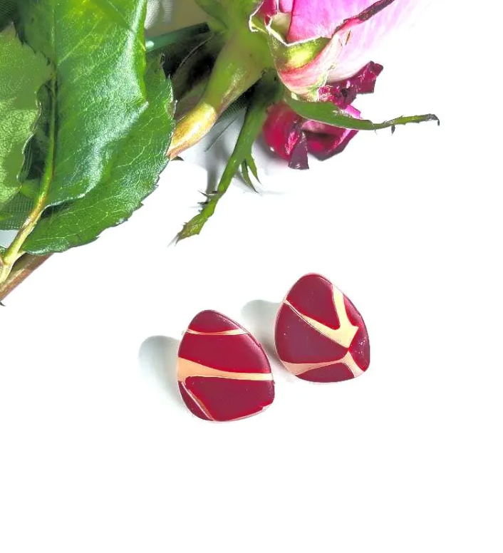Abstract Clay Stud Handmade Earrings | Lightweight Statement Earrings | Fashionable Stud Earrings | Burgundy Abstract Studs