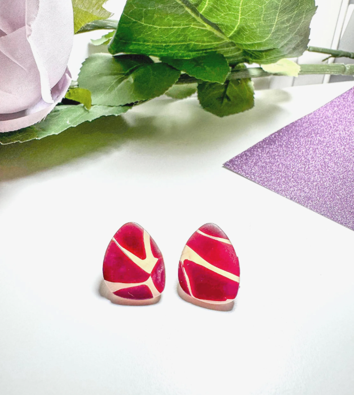 Abstract Clay Stud Handmade Earrings | Lightweight Statement Earrings | Fashionable Stud Earrings | Burgundy Abstract Studs