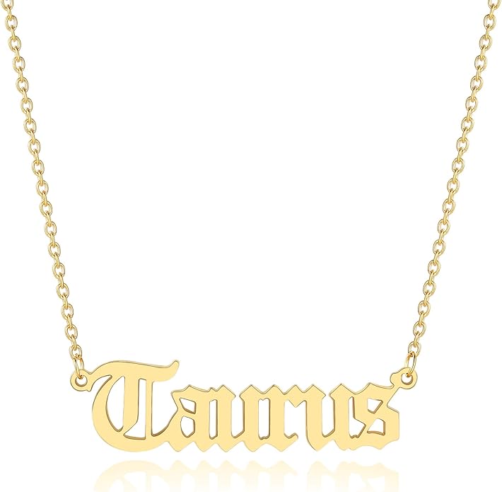 18K Gold Old English Font Zodiac Necklace | WATERPROOF | STAINLESS STEEL | Horoscope Birth Star Sign | Astrology Gift | Necklace for Women