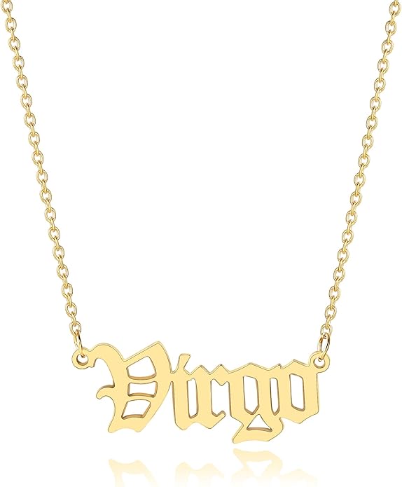 18K Gold Old English Font Zodiac Necklace | WATERPROOF | STAINLESS STEEL | Horoscope Birth Star Sign | Astrology Gift | Necklace for Women