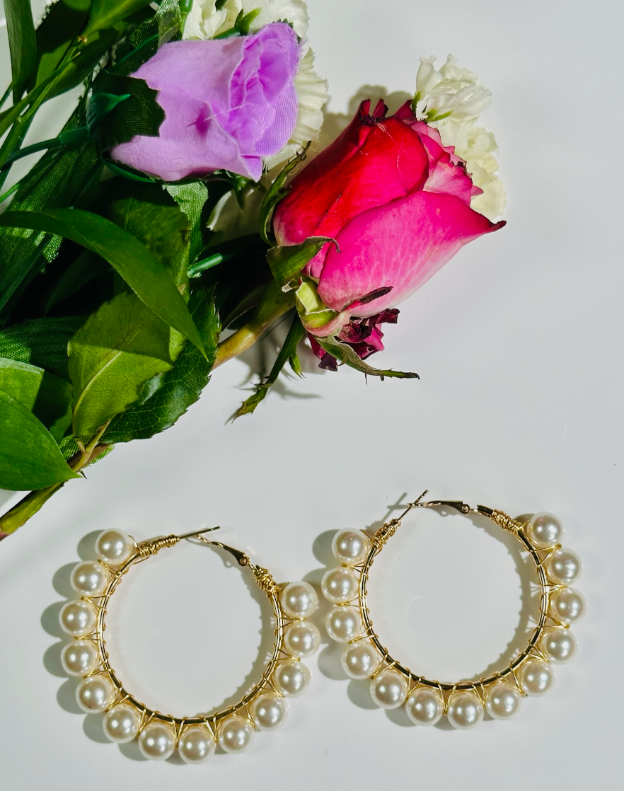 Large Pearl Gold Hoop Earrings, Pearl Wedding Jewelry, Wire Wrapped Earrings, Boho Pearl Earrings, Bridal Earrings