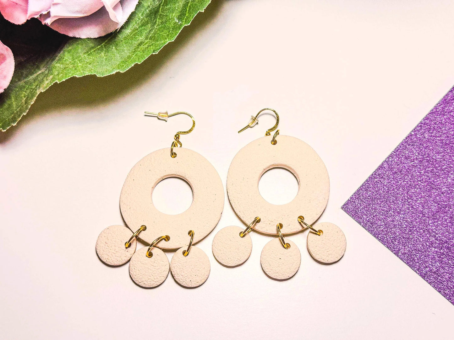 Boho Cream Textured Polymer Clay Earrings | Handmade Jewelry | Lightweight Dangle Statement Earrings