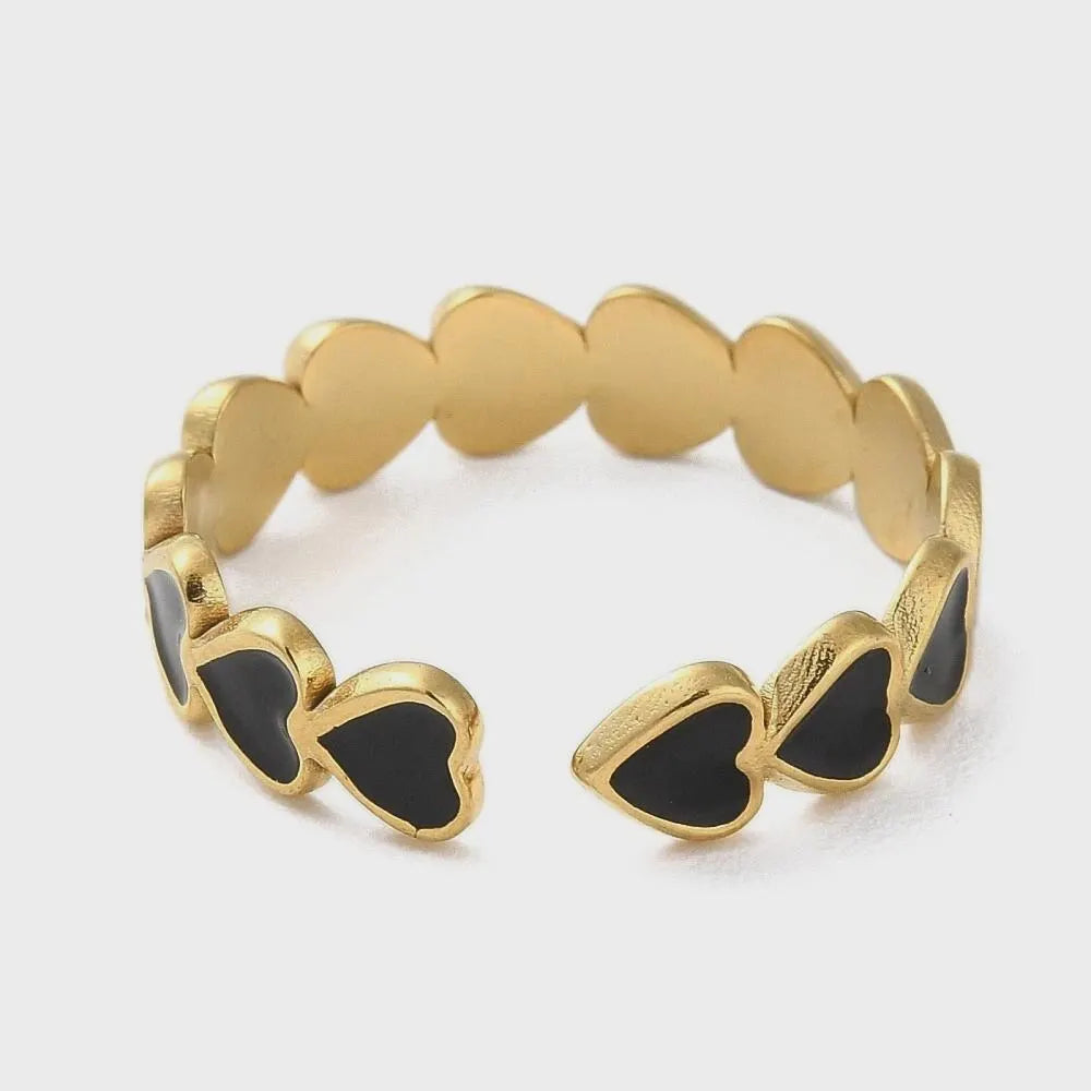 Black and Gold Heart Eternity Ring | Stainless Steel Statement Ring | Tarnish Resistant Stackable Ring | Black & Gold Adjustable Ring