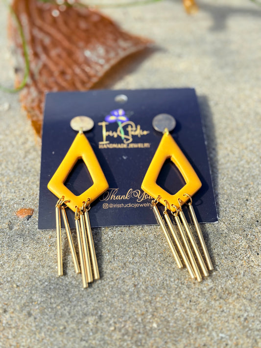 Handmade Orange Geometric Fringe Earrings