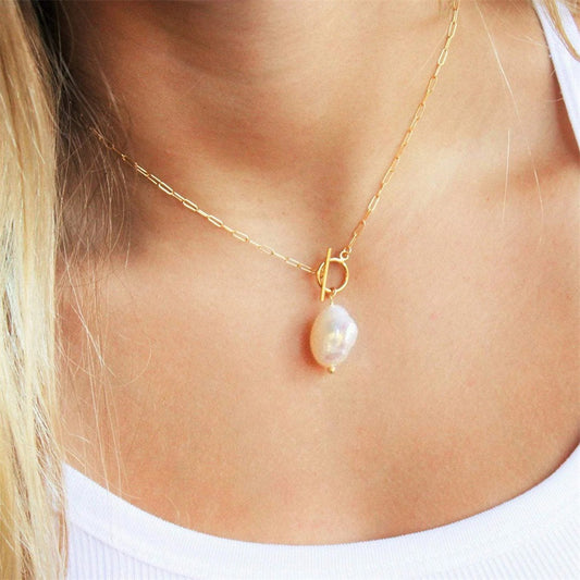 Mother of Pearl Necklace – Paper Clip Chain Charm