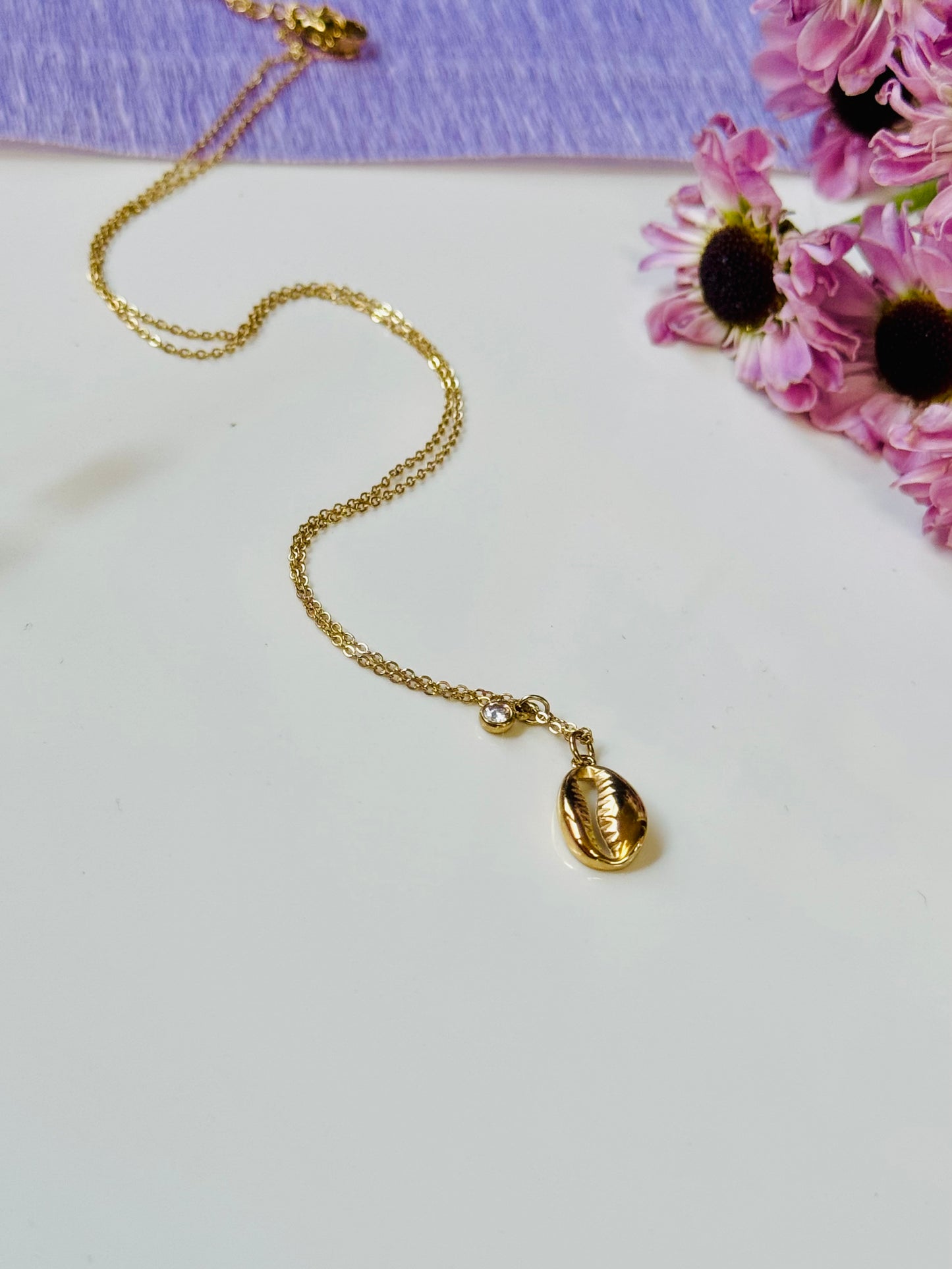 Gold Cowrie Shell Necklace | Waterproof Stainless Steel with CZ Charm | Tarnish Resistant Necklace
