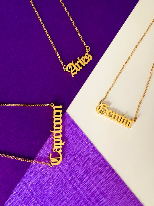 18K Gold Old English Font Zodiac Necklace | WATERPROOF | STAINLESS STEEL | Horoscope Birth Star Sign | Astrology Gift | Necklace for Women