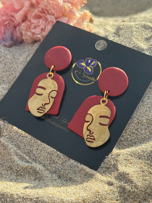 Handmade Red Face Earrings with Brass Details