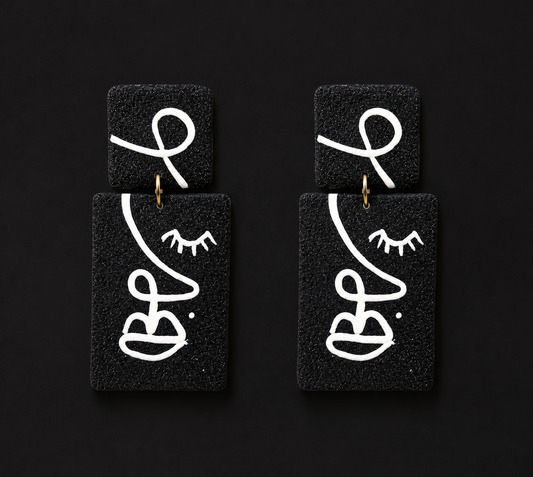 Handmade Black and White Face Sculpt Earrings