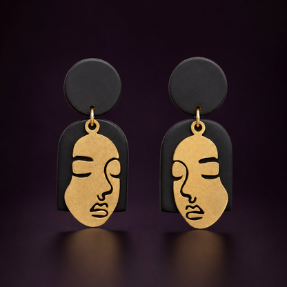 Handmade black and gold face statement earrings