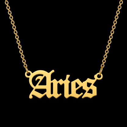 18K Gold Old English Font Zodiac Necklace | WATERPROOF | STAINLESS STEEL | Horoscope Birth Star Sign | Astrology Gift | Necklace for Women