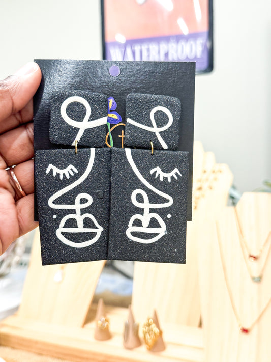 Handmade Black and White Face Sculpt Earrings