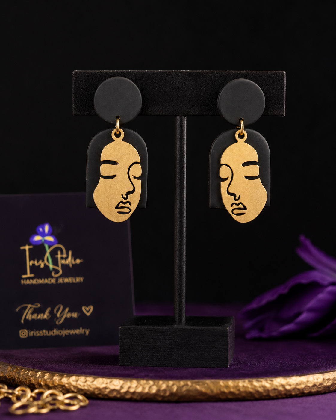Black and gold face earrings by Iris Studio Jewelry