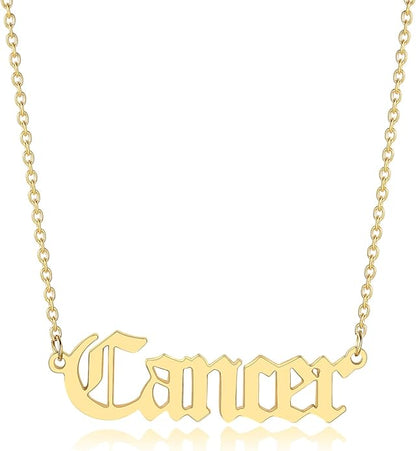 18K Gold Old English Font Zodiac Necklace | WATERPROOF | STAINLESS STEEL | Horoscope Birth Star Sign | Astrology Gift | Necklace for Women