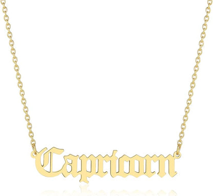 18K Gold Old English Font Zodiac Necklace | WATERPROOF | STAINLESS STEEL | Horoscope Birth Star Sign | Astrology Gift | Necklace for Women
