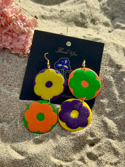 Retro Bloom Two-Tier Flower Earrings - Handmade Colorblock Statement Jewelry