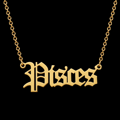 18K Gold Old English Font Zodiac Necklace | WATERPROOF | STAINLESS STEEL | Horoscope Birth Star Sign | Astrology Gift | Necklace for Women
