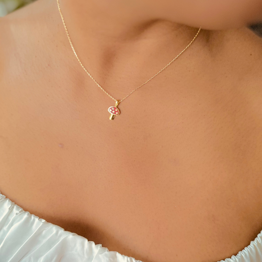 18K Gold Dipped Dainty Red&Gold Mushroom Charm Necklace