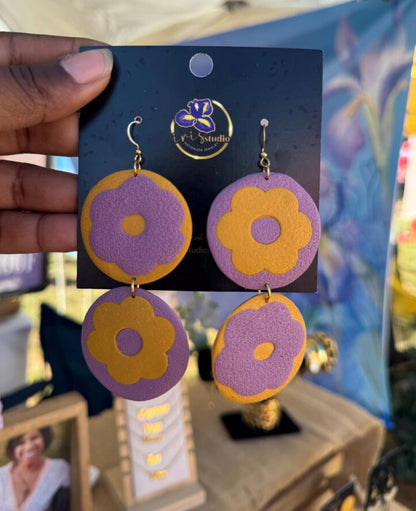 Retro Bloom Two-Tier Flower Earrings - Handmade Colorblock Statement Jewelry