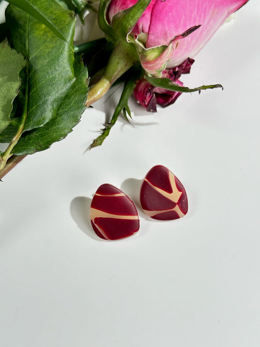 Abstract Clay Stud Handmade Earrings | Lightweight Statement Earrings | Fashionable Stud Earrings | Burgundy Abstract Studs