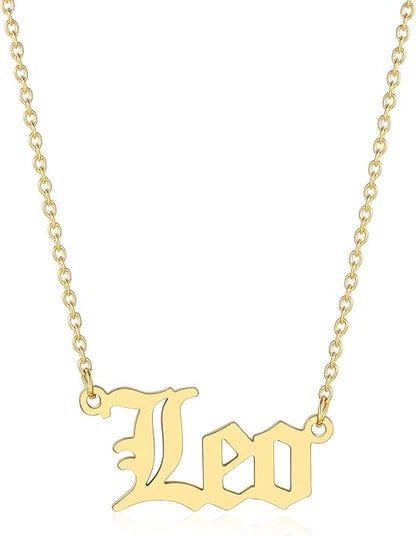 18K Gold Old English Font Zodiac Necklace | WATERPROOF | STAINLESS STEEL | Horoscope Birth Star Sign | Astrology Gift | Necklace for Women