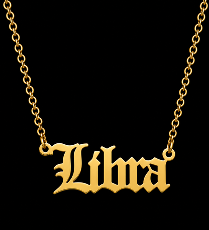 18K Gold Old English Font Zodiac Necklace | WATERPROOF | STAINLESS STEEL | Horoscope Birth Star Sign | Astrology Gift | Necklace for Women