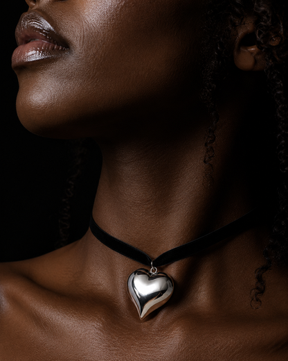 Puffed Heart Ribbon Necklace