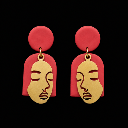 Handmade Face Earrings with Brass Details